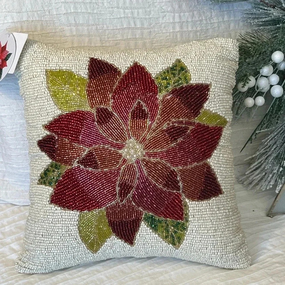 Elegant Beaded Poinsettia Accent Pillow – Holiday Decor - Picture 1 of 3